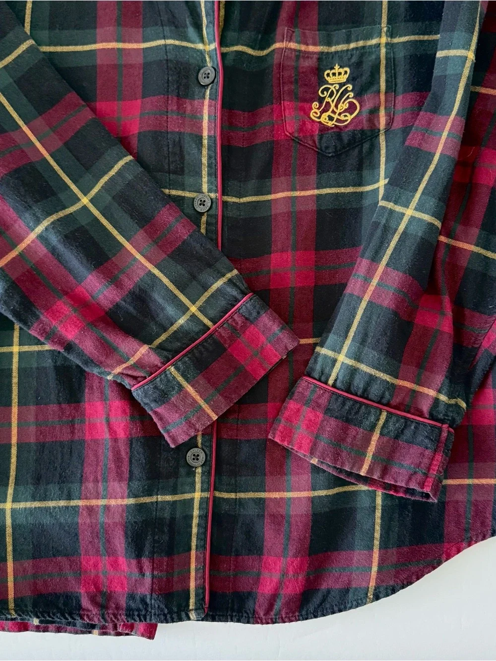 LAUREN Ralph Lauren Tartan Plaid Logo Flannel Leopard Collar Pajama Set Women XL